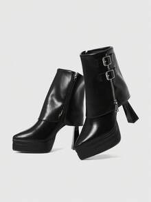 ROMWE 1 Pair Women's Punk Style Platform High Heel Pointed Toe Side Zipper Ankle Boots, Suitable For Autumn/Winter For Christmas - Black - View 7
