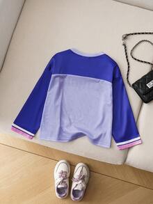 HELLO KITTY AND FRIENDS | SHEIN 年轻女孩休闲卡通图案V领落肩长袖网眼T恤