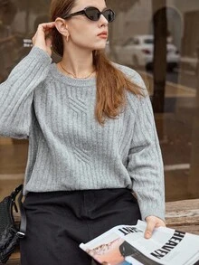 Elenzga Plus Size Women Crew Neck Ribbed Knit Pullover Sweater, Casual & Versatile, Winter