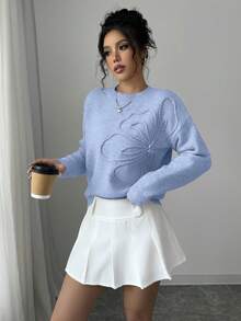 Elenzga 女式圆领花卉图案纯色套头毛衣 - 淡紫色 - 查看 5