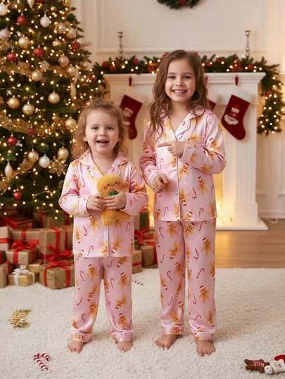 2pcs Girls Christmas Gingerbread Print Long Sleeve Cardigan And Pants Comfortable Casual Homewear Set Fall Winter Gingerbread Pajama Set Christmas Pj