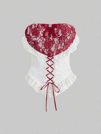 Kawaii Top bandeau vintage victorien en patchwork de dentelle à motif croisé pour femmes