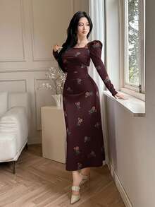 Feyla Váy midi nhún bèo tay lỡ họa tiết hoa dành cho nữ, thanh lịch - Màu Đỏ Sâu - Xem 6
