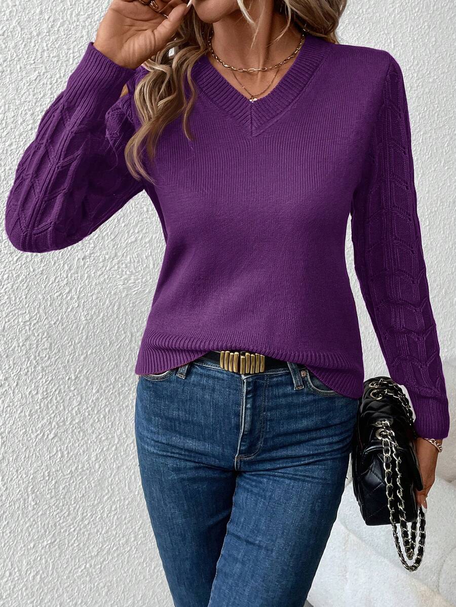 SHEIN Clasi Women's V-Neck Long Sleeve Sweater,Long Sleeve Tops In Fall/Winter,Fall,Fall Clothes For Women - Purple - View 1