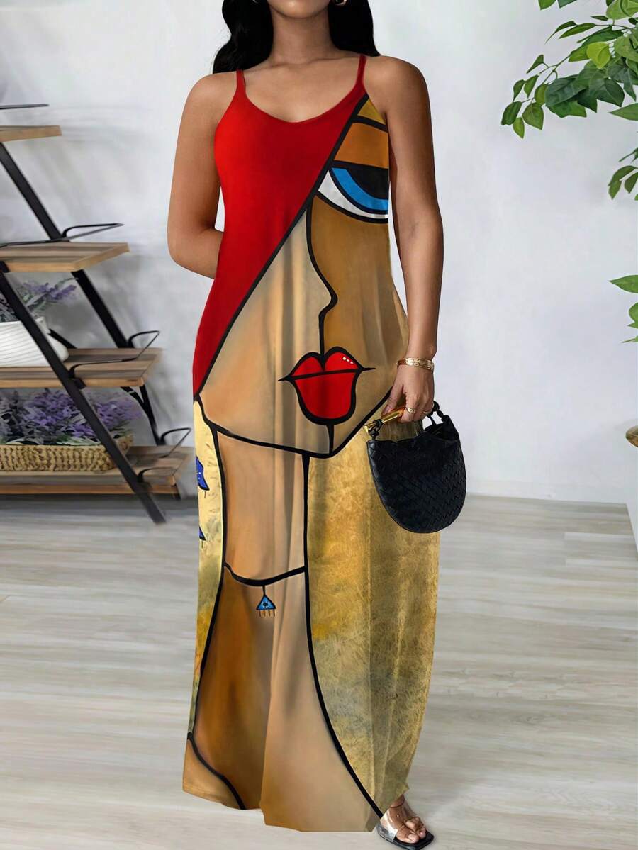 Breezaya 夏季时尚蝴蝶与花朵印花细肩带连衣裙长款女装 - 彩色 - 查看 1