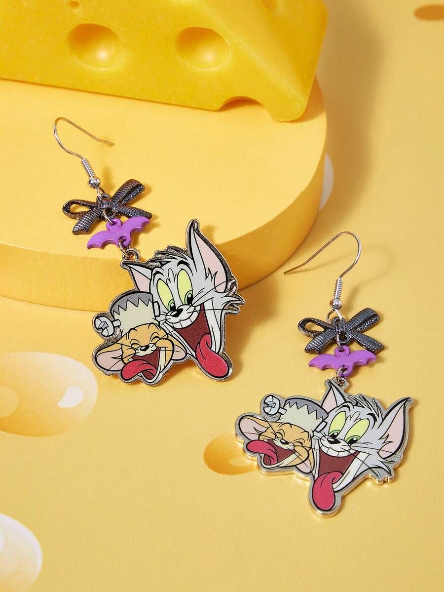 TOM & JERRY X SHEIN 1对时尚女士流行卡通元素锌合金耳环 - 白金 - 查看 1