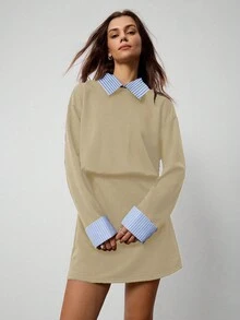 Hanevo 女士翻领条纹拼接长袖运动休闲学院风连衣裙 - 卡其色 - 查看 4