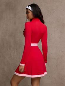 Dewbera Women's Contrast Color Minimalist High Neck Long Sleeve Casual Sports Dress