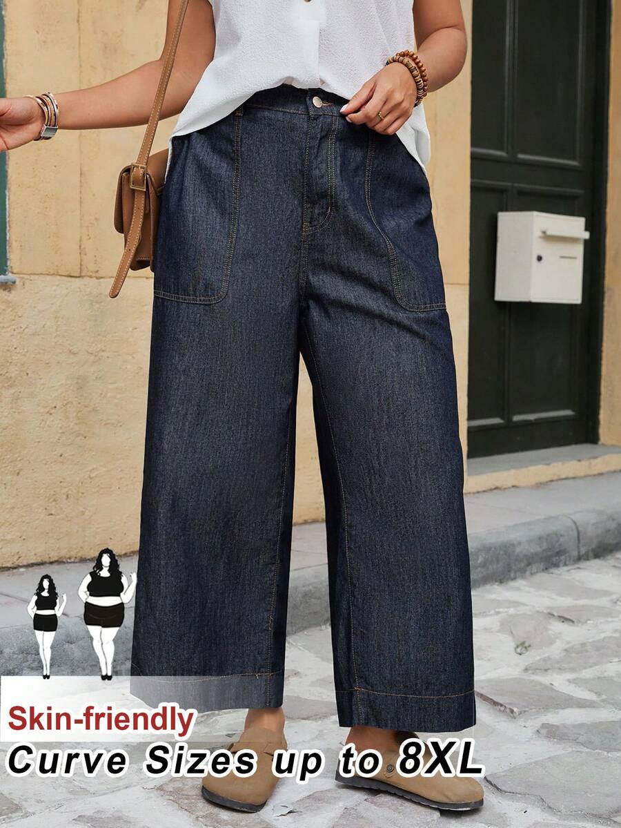 SHEIN CURVE+ Plus Size Women Loose Fit Pockets Wide Leg Casual Jeans Women Jeans Baggy Elastic Waist Jeans - Dark Wash - View 1