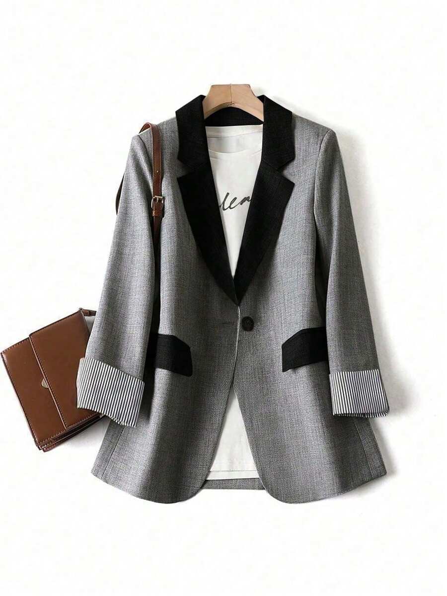 Franclia 女士休闲黑灰色拼接面料翻领口袋覆盖袖口翻领下摆条纹西装外套 - 灰色 - 查看 1