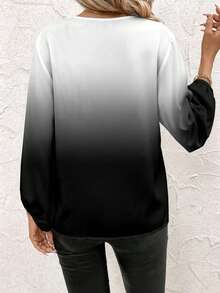 EMERY ROSE Plus Size Women Ombre Print V-Neck Lantern Sleeve Casual Shirt, Autumn/Winter