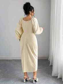 Elenzga Plus Size Women Elegant Romantic Ruffle Hem Slit Waist Fitted Sweetheart Neck Long Sleeve Dress, Autumn/Winter - Apricot - View 2