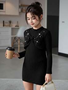 2pcs/Set Tween Girl Casual Outfit, Long Sleeve Crop Top With Pearl Decor & A-Line Bodycon Mini Dress, Spring & Autumn - Black - View 9