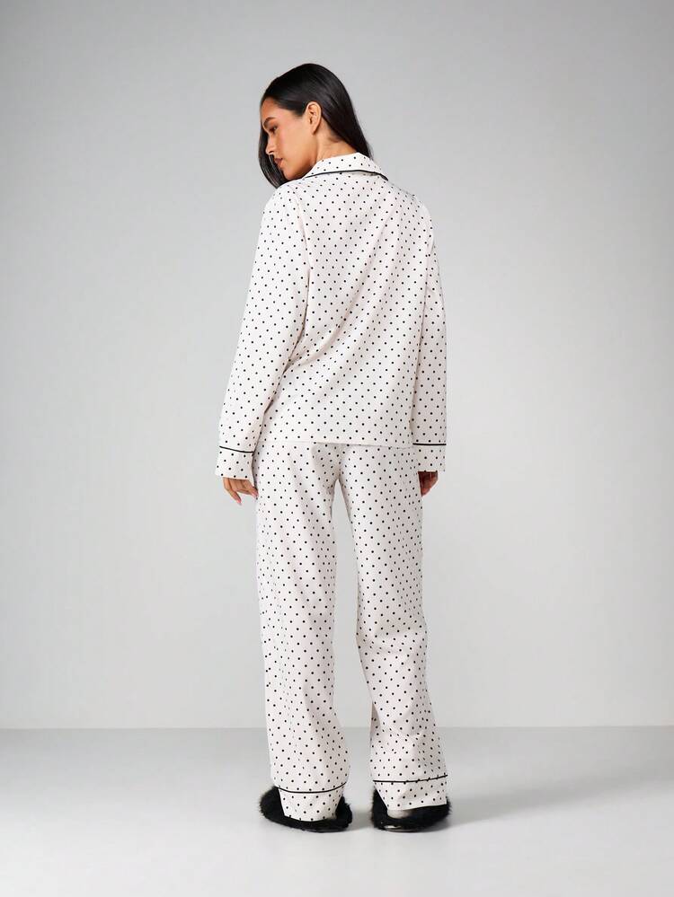MISSGUIDED Women's Polka Dot Pajama Set Long Sleeve Button Up Sleepwear Lounge Set