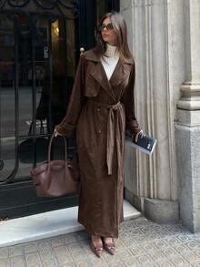 Aloruh 女士秋冬新款棕色绒面长款防风外套，双排扣立领配腰带，宽松袖口大衣 - 棕色 - 查看 4