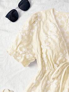 Trelyra Stylish Fresh Jacquard Short Sleeve V-Neck Top For Women, New Summer 2025 Fashion Short Sleeve Blouse