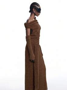 LYSMO 2025新款女士优雅棕色不对称领口连衣裙，单肩设计，针织面料，垂坠感十足，Y2K风格，适合日常穿搭、街头服饰、斯德哥尔摩风格万圣节装扮以及哥特式服装。 - 棕色 - 查看 4