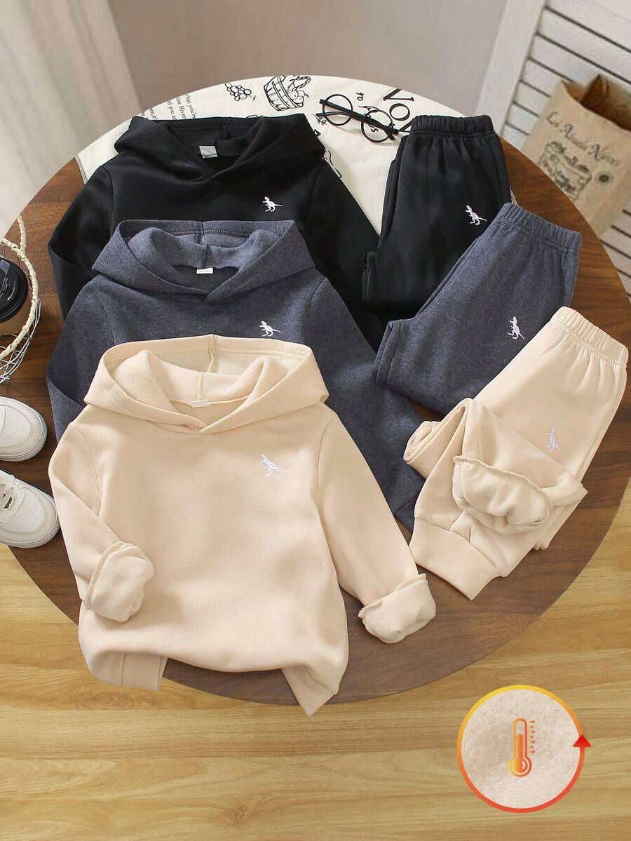 SHEIN Genkimix Kids 3件組小男孩休閒恐龍刺繡連帽衛衣寬鬆長褲套裝,柔軟面料,適合學校、假期、派對,白色秋季款 - 彩色 - 查看 1