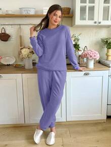 Snug Reverie Women's Solid Color Sherpa Crew Neck Long Sleeve Top And Pants Pajama Set, Fluffy Cozy Winter Clothes - Violet Purple - View 5