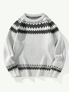 Manfinity Homme 男士休闲几何图案插肩袖宽松针织毛衣，秋冬 - 綠色 - 查看 1