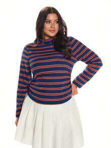 Solavibe Plus Size Turtleneck Striped T-Shirt, Autumn/Winter - Multicolor - View 2