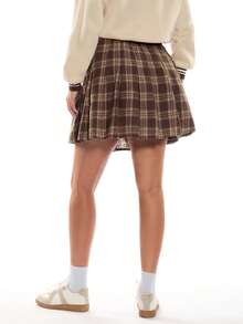 Solavibe Plus Size Vintage Plaid Pleated A-Line Skirt - Brown - View 5