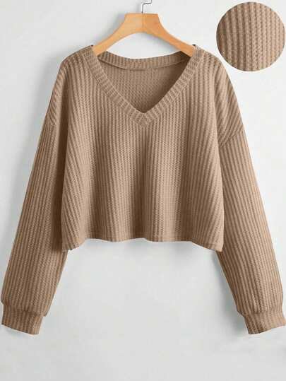 SHEIN Unity 女式纯色V领落肩长袖宽松休闲T恤