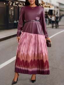 EMERY ROSE Plus Size Solid Color Ombre Patchwork Round Neck Long Sleeve Dress - Red - View 3