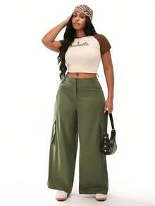 SHEIN Unity 大码女式纯色宽腿宽松休闲工装裤 - 綠色 - 查看 5