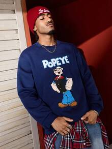 Popeye X SHEIN Hanorac bărbătesc casual cu guler rotund, cu litere și figuri de desene animate, toamnă, mânecă lungă