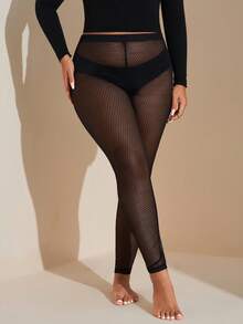 SHEIN Tall CURVE Plus Size Women's Sexy Mesh See-Through Leggings Suitable For Going Out Fall Winter - Black - View 7