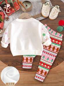 SHEIN Bộ đồ Happikins Merry Christmas dễ thương với hình tuần lộc hoạt hình, bông tuyết, cây thông Noel, chuông, kẹo gậy, người tuyết, chất liệu mềm mại, dày dặn, cổ tròn, tay dài và quần legging, phù hợp cho bé gái vào mùa thu/đông dịp Giáng sinh. Bộ đồ ngủ Giáng sinh cho bé gái, bộ đồ ngủ Giáng sinh dài tay cho bé gái, bộ đồ Giáng sinh cho bé gái. - Nhiều màu - Xem 3