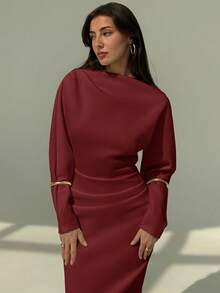 Aloruh Nouvelle robe longue à manches longues, couleur unie, polyvalente, élégante, intellectuelle, minimaliste, pour le bureau et les déplacements, avec fronces, ample au niveau du buste et ajustée à la taillmoulante bodycon - Rouge - Voir 6