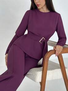 Aloruh Conjunto de 2 piezas de camisa y pantalones de unicolor elegante para mujer - Morado - Ver 6