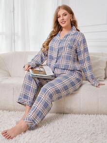 Lazeform Plus Size Women Plaid Lapel Neck Long Sleeve Single-Breasted Top And Pants Pajama Set, Cozy Outfits, Fall Winter Clothes - Multicolor - View 9