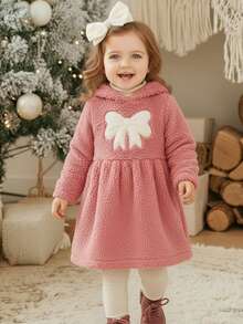 LMoss Kids Sukienka z dzianiny dla dziewczynki, z kapturem, podszewką termiczną, kolorowymi blokami, haftowana, swobodna