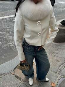 Siren Gaze Jaqueta feminina casual com patchwork e detalhes felpudos, ideal para outono e inverno, perfeita para o Ano Novo.