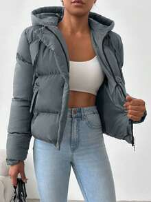EURMUSE Women's Solid Color Front Zip Long Sleeve Simple Hooded Casual Padded Coat - Blue - View 3