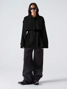 LYSMO Áo khoác trench coat trơn màu đa năng thời trang dành cho nữ - màu đen - Xem 7