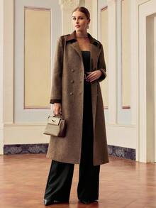 ZEYLAH Abrigo largo de mujer de doble botonadura con cinturón en la cintura, color camello - Caqui - Ver 4