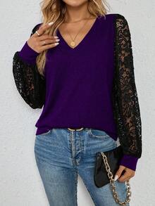 SHEIN LUNE Women's Elegant Commuter Colorblock Lace Patchwork Top - Multicolor - View 4