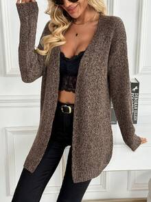EMERY ROSE Women's Brown V-Neck Simple Fashion Versatile Floral Knit Cardigan - Brown - View 3