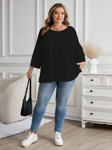 SHEIN CURVE+ 2pcs/Set Women Plus Size Casual Loose 3/4 Sleeve T-Shirt/Winter
