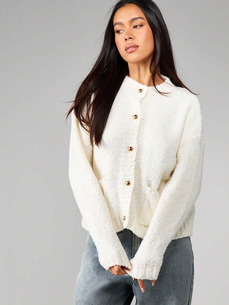 MISSGUIDED Cream Button Front Cardigan With Gold Hardware Long Sleeve Cozy Knit Winter Sweater