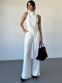 Firerie Women's Casual Elegant White Backless Tie-Up 2 Pieces Set - White - View 7