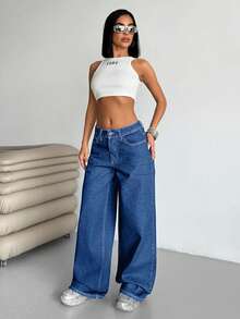 EURMUSE Damen Weite Hose mit niedriger Taille, Lässig Street Style, dunkelblau mit Rückenetikett, Wasserwäsche - Mittele Waschung - Übersicht 6