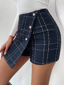 Almamuse 优雅通勤格子裹身不对称下摆短裤 - 藏蓝色 - 查看 3