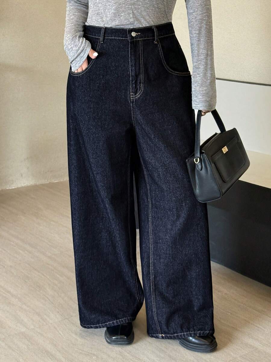 Dazy Plus Dark Wash Loose Straight Leg Business Casual Commuter Long Jeans, All Season - Dark Wash - View 1