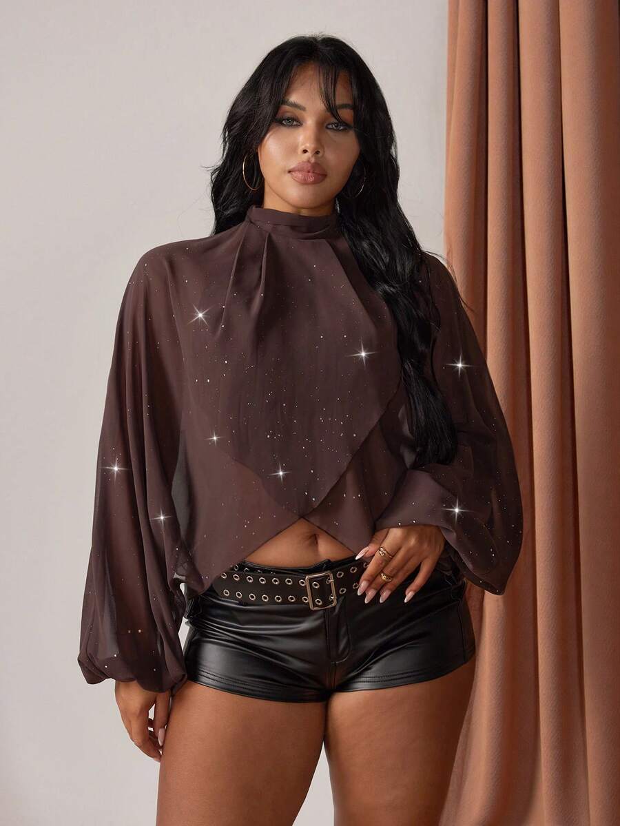 Rustia Casual Elegant Loose Batwing Sleeve Cover Up Cover Up For Plus Size Women, Suitable For Autumn & Spring - Brown - View 1