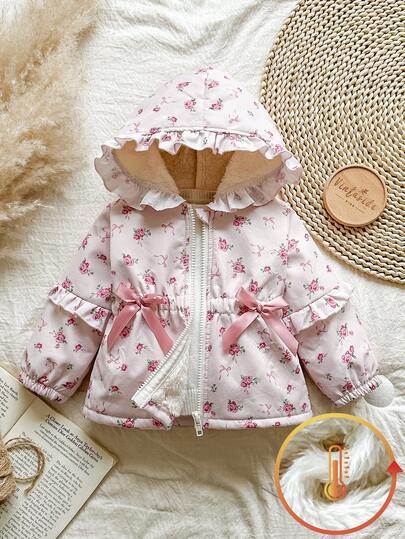 Vintaside Kids Baby Girl Casual Ditsy Floral Bow Decor Hooded Jacket, Autumn/Winter